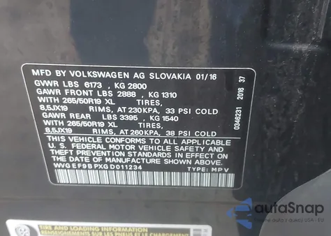 2016 Volkswagen Touareg Vr6 Lux z USA, uszkodzony, nr VIN WVGEF9BPXGD011234